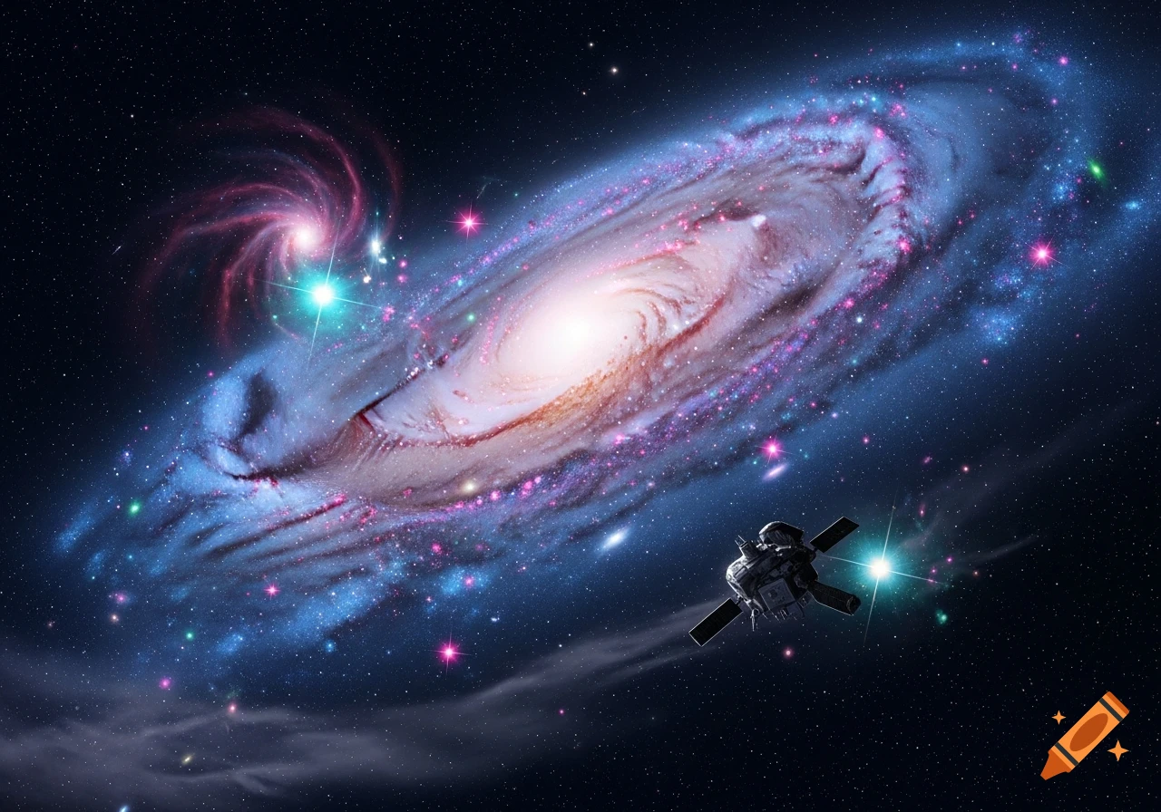 A vibrant spiral galaxy with a satellite in the foreground, against a starry space background.