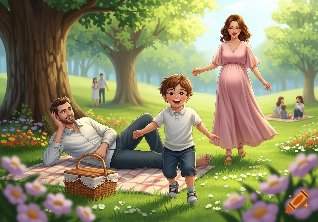 Illustrated family picnic in a sunny park with a pregnant mother, laughing child, and father on a blanket, surrounded by trees and flowers.