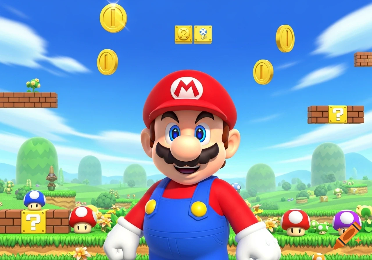 A 3D rendering of Mario smiling in a vibrant Super Mario Bros. landscape with coins, question blocks, and mushrooms.