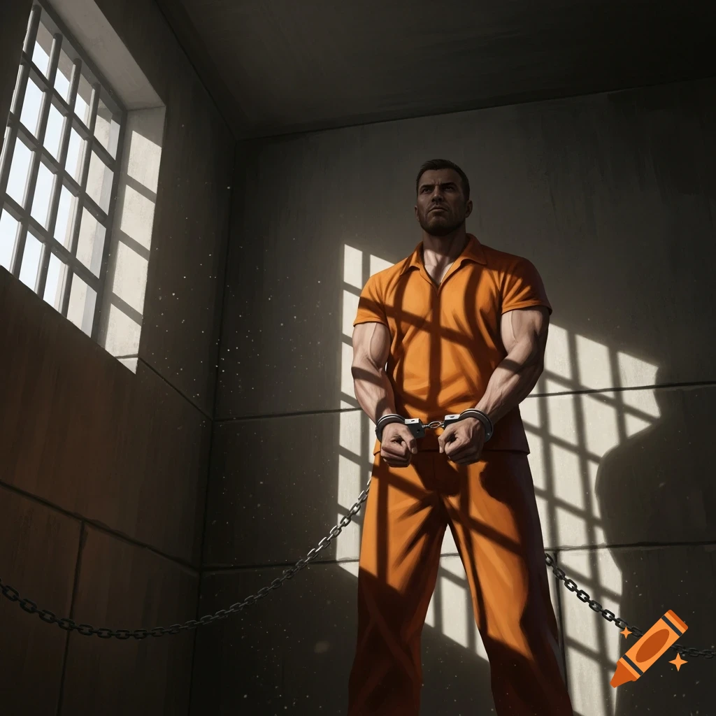 A muscular man in an orange prison jumpsuit stands handcuffed in a dimly lit cell, illuminated by light from a barred window.