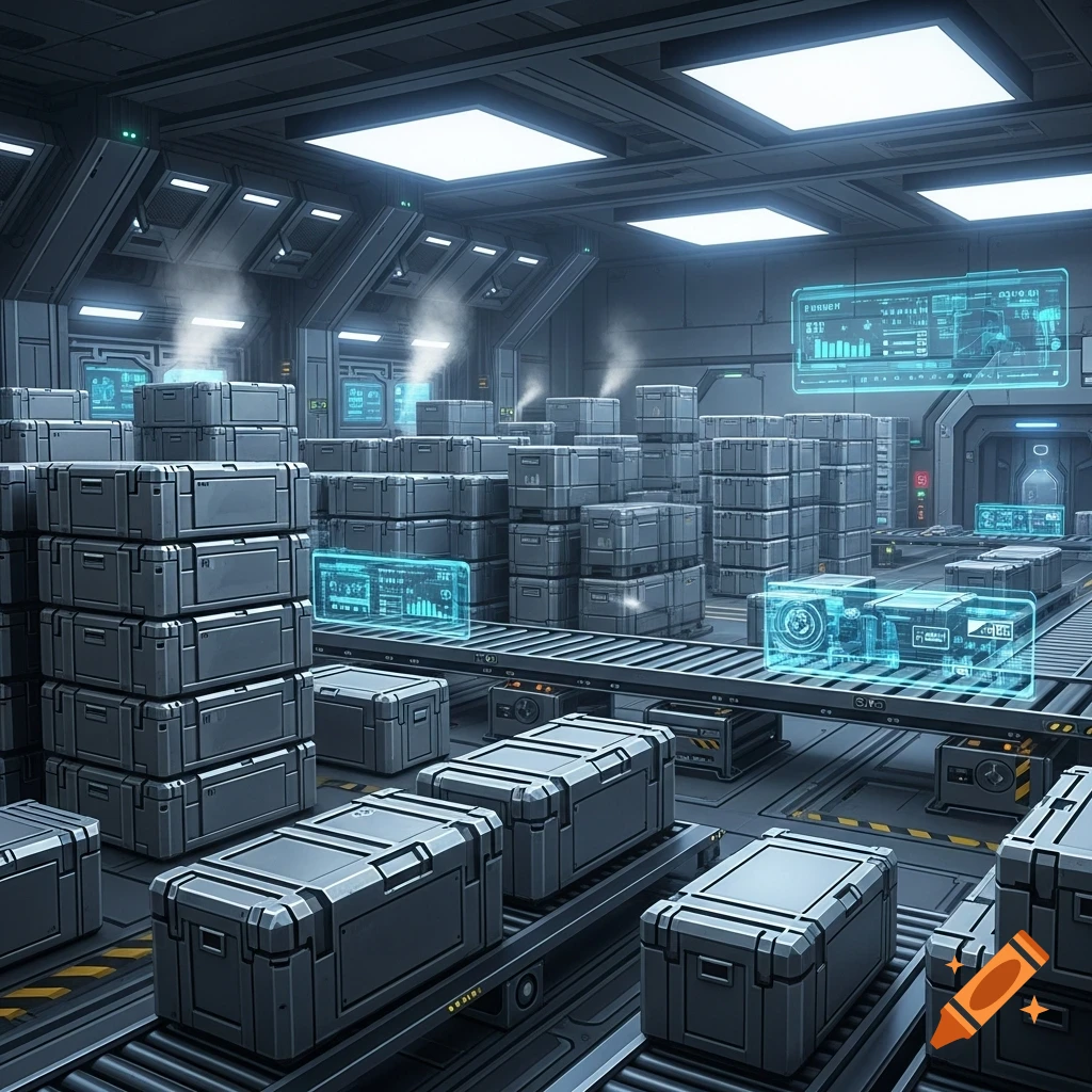 A futuristic sci-fi supply depot with stacks of grey metal crates on conveyor belts and glowing blue holographic displays.