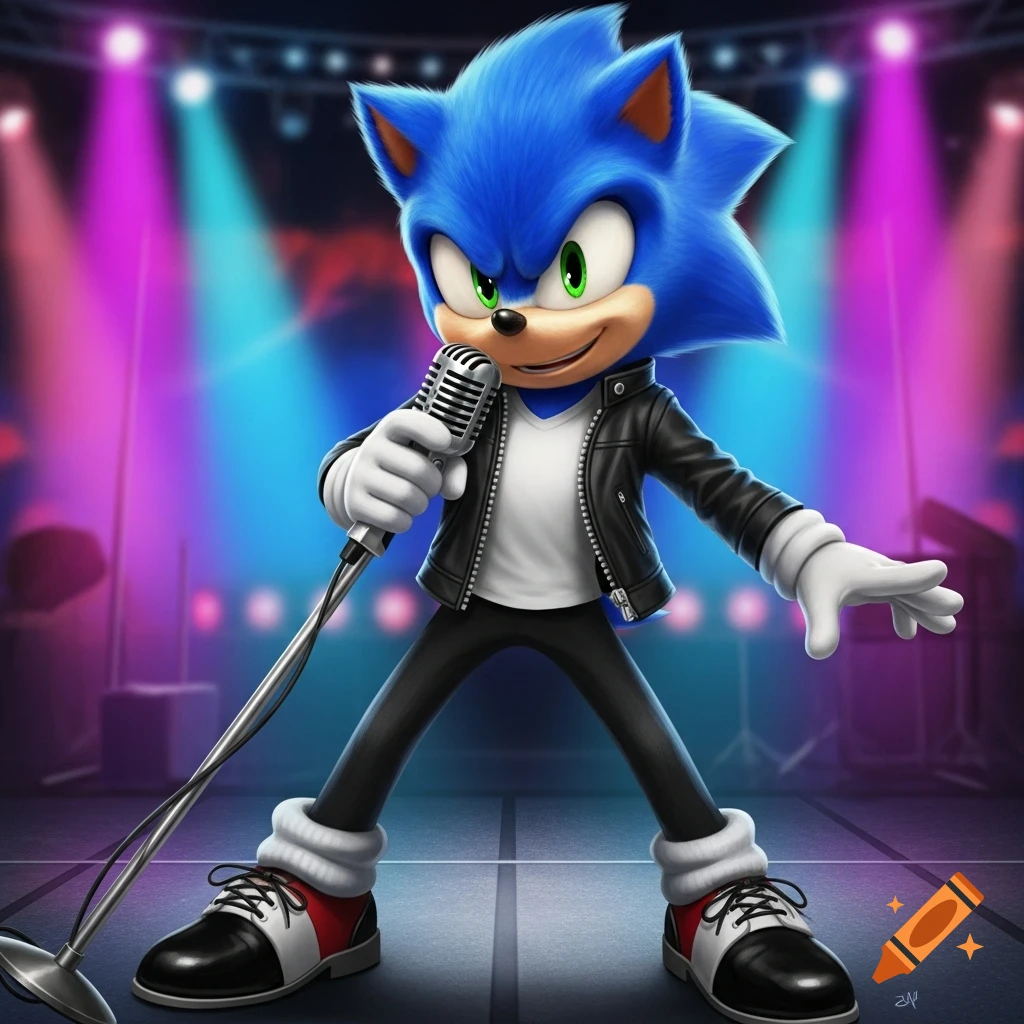 Sonic the Hedgehog wearing a black jacket and white t-shirt, holding a microphone and singing on a stage with colorful spotlights.