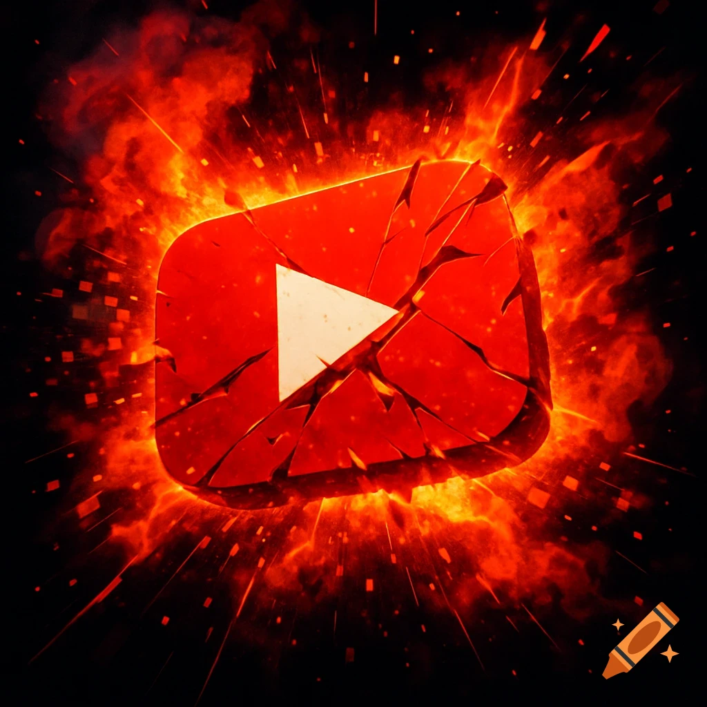 A cracked and exploding YouTube logo engulfed in red and orange flames against a dark background, with debris scattering.