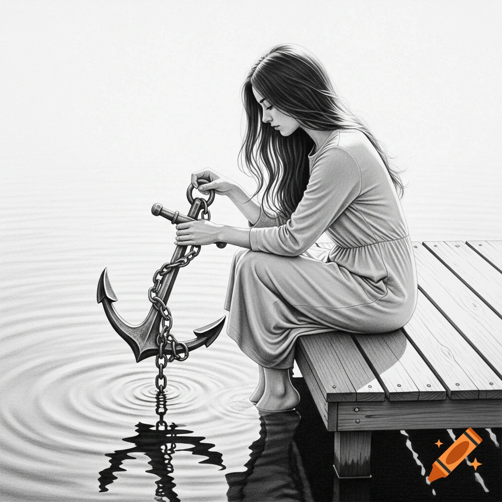 Black and white pencil drawing of a woman with long hair sitting on a pier, holding an anchor in the water.
