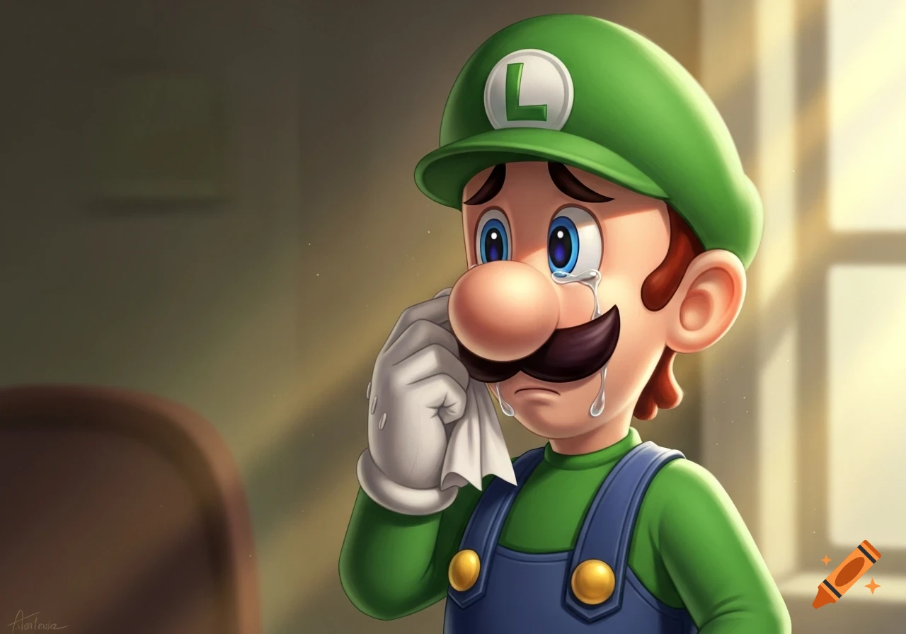 Luigi, a video game character, cries and wipes tears with a tissue in a detailed digital illustration.