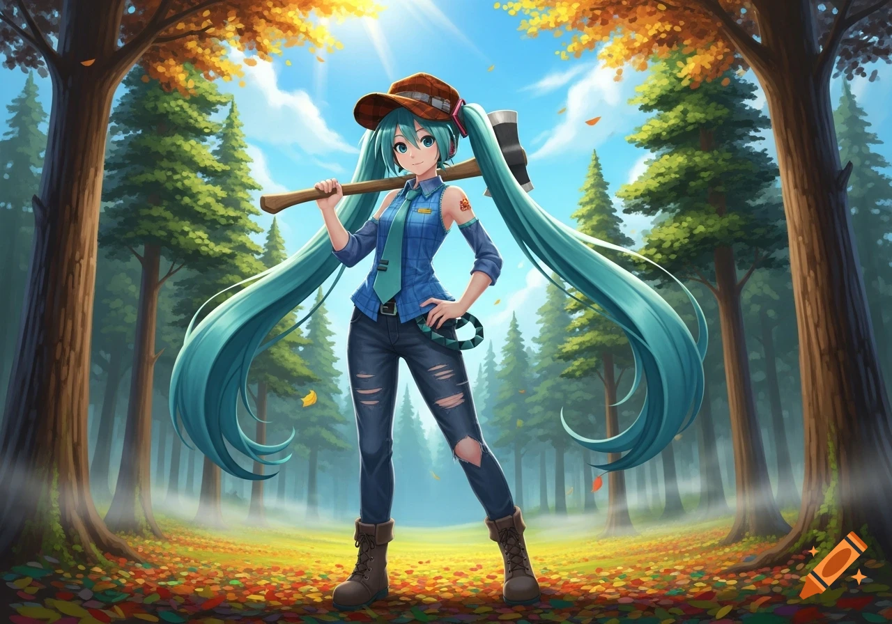 Anime Hatsune Miku in a lumberjack outfit, holding an axe, standing in a vibrant autumn forest.