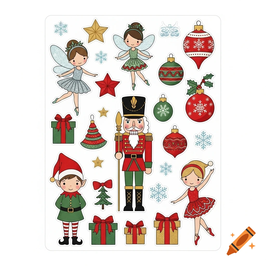A sticker sheet featuring an elf, nutcracker, fairies, ornaments, snowflakes, and gift boxes with thin black outlines on a white background.