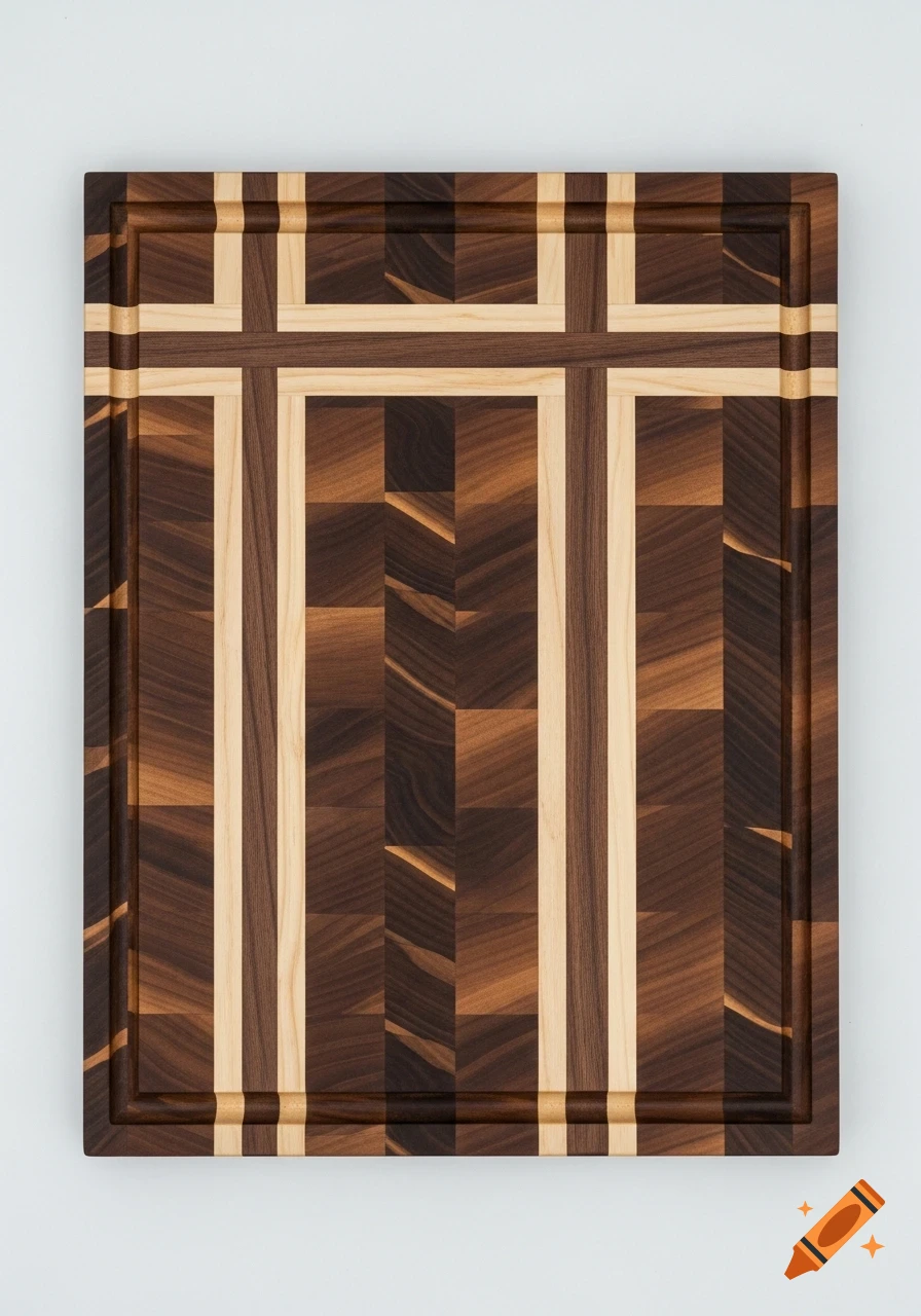 A rectangular cutting board made of dark and light wood with a geometric rectilinear pattern on a white background.
