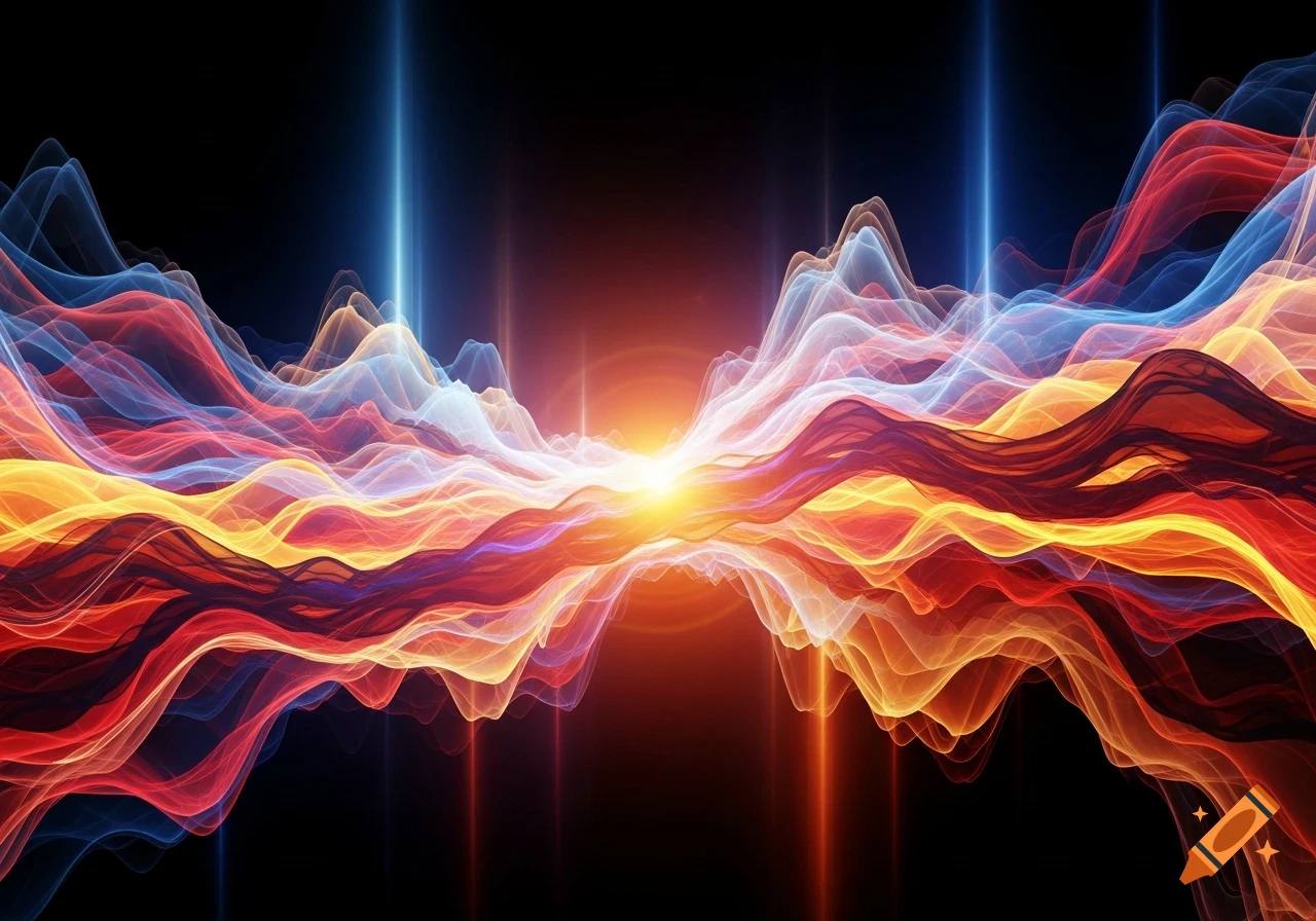 Abstract art of vibrant, glowing, translucent energy waves in red, orange, yellow, and blue, emanating from a bright central light on a dark background.