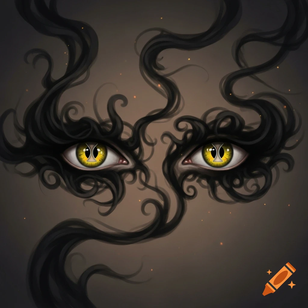 Two stylized yellow eyes with hourglass pupils surrounded by swirling dark smoke on a brown background.