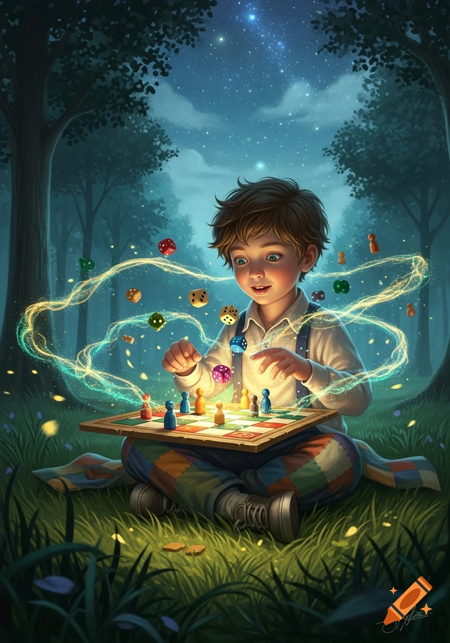 A boy plays a magical board game in a glowing forest at night, with dice floating in the air.