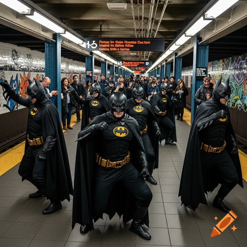 A group of people in Batman costumes gather in a photorealistic NYC subway station.