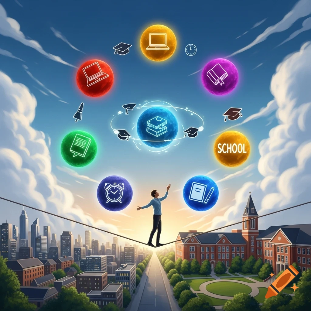 Conceptual illustration of a person balancing on a tightrope over a city and campus, with glowing orbs representing education and work.