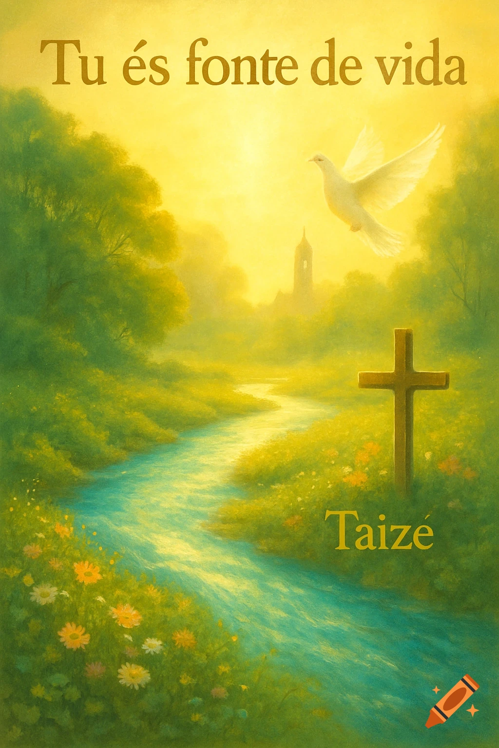 Painterly landscape with a glowing river, cross, dove, and distant church under a golden sky. Text: 'Tu és fonte de vida' and 'Taize'.
