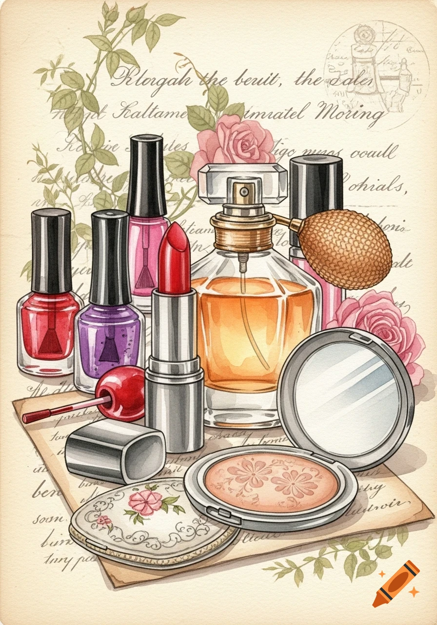 A vintage watercolor illustration of cosmetic products: lipstick, nail polish, perfume, and compacts, on aged paper with script.