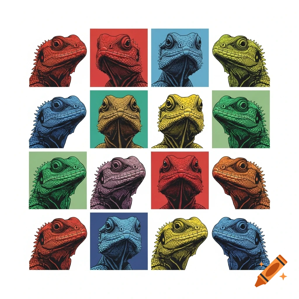 A grid of twelve stylized lizard heads in various vibrant colors, resembling a screen print or pop art.