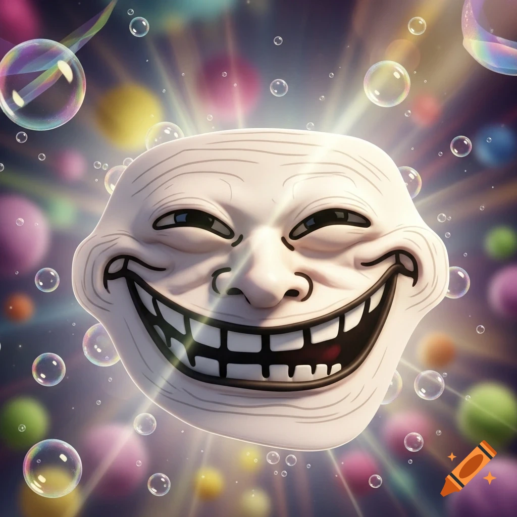 A grinning 3D rendered Trollface meme surrounded by glowing light rays and iridescent bubbles on a colorful bokeh background.