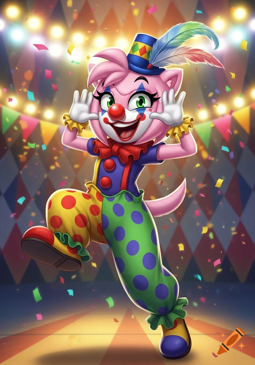 Amy Rose in a vibrant clown costume, with a red nose and feathered hat, making silly faces amidst confetti at a circus.