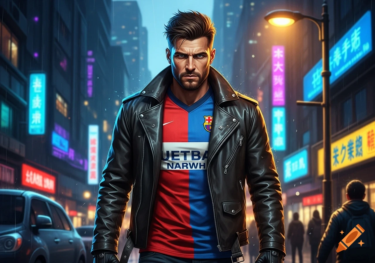 A man in a leather jacket and a half-red, half-blue football shirt stands on a rainy cyberpunk city street with neon signs.