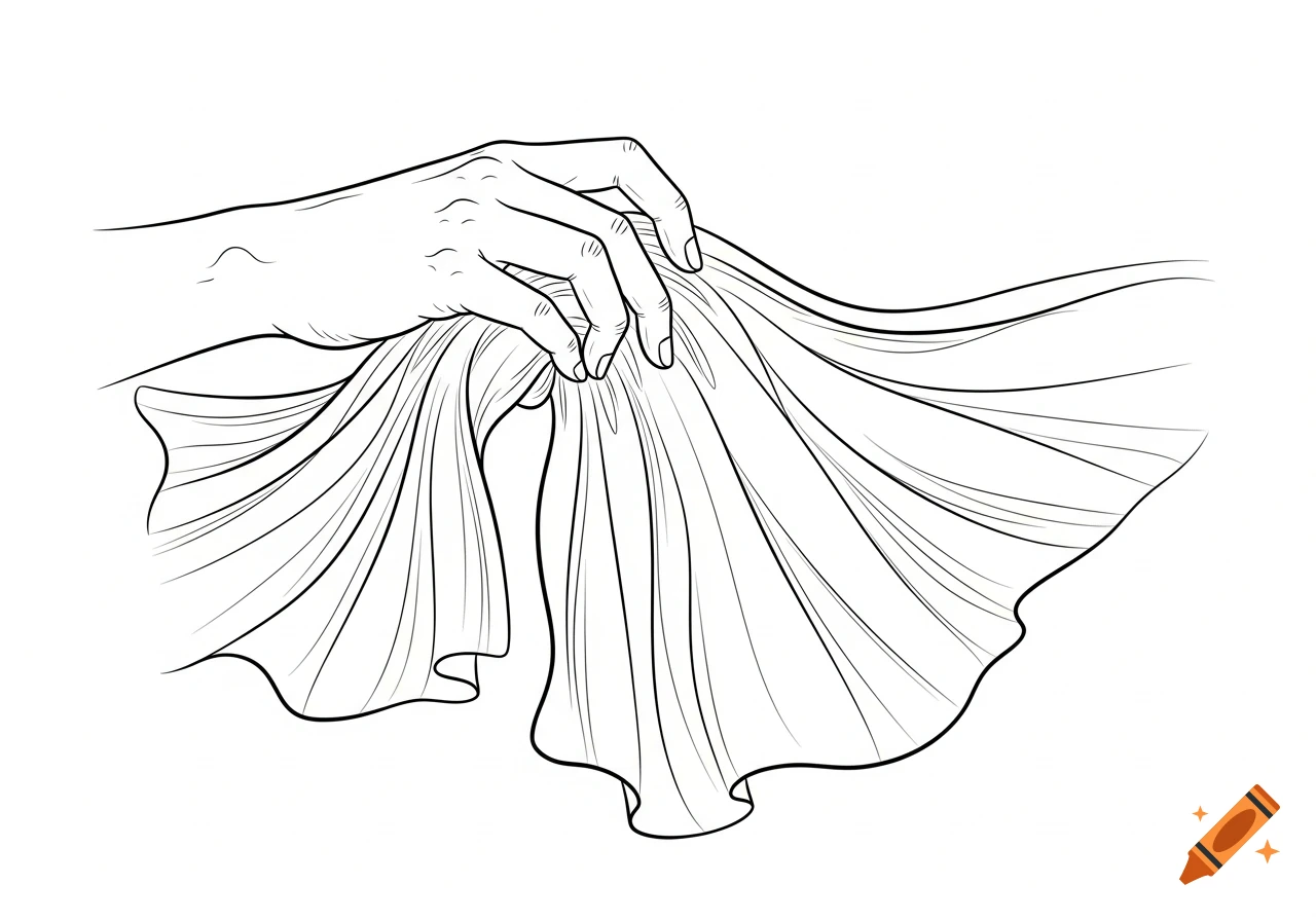 A line art drawing of a human hand gently grasping and holding down a flowing piece of cloth against a white background.
