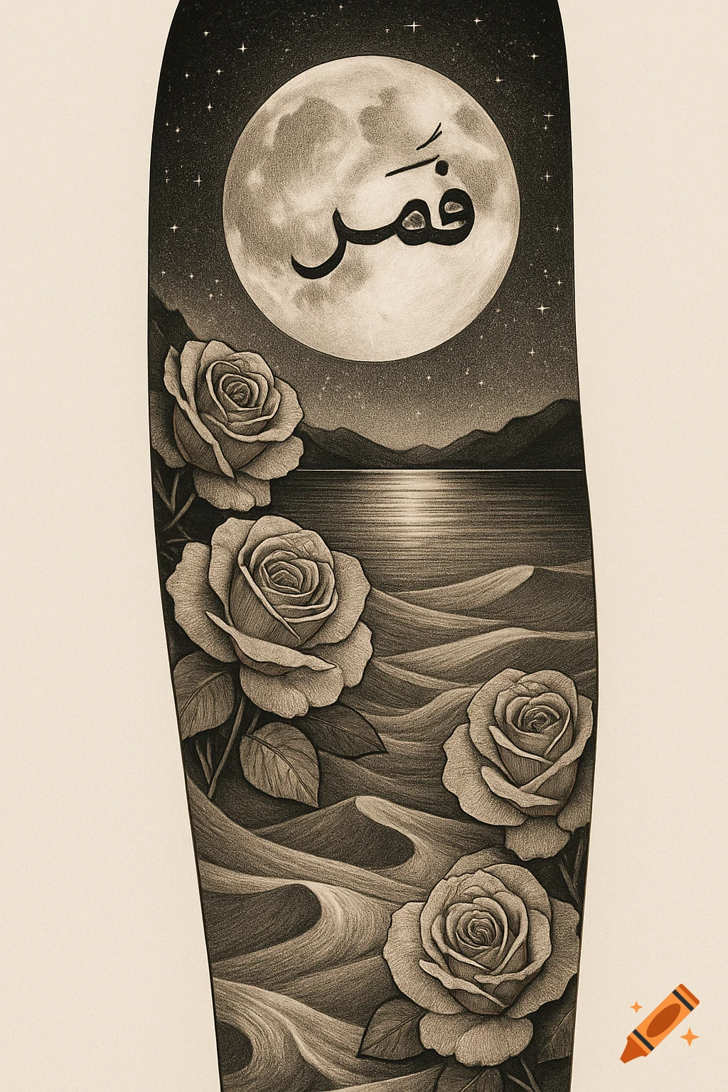 Monochromatic drawing of roses, sand dunes, and a moonlit lake with Arabic calligraphy on the moon, styled as a tattoo sleeve.