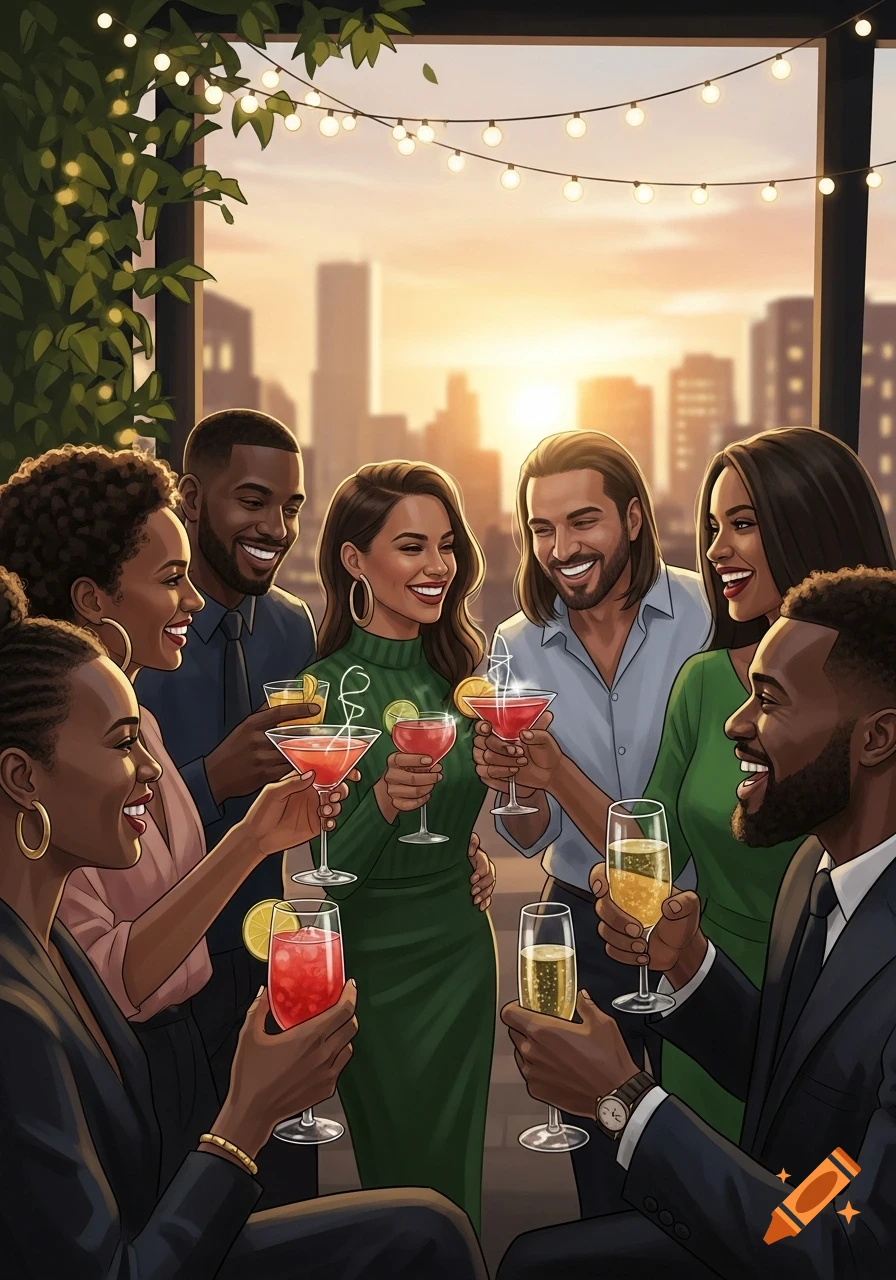 Diverse friends toast with drinks at a rooftop bar at sunset, city skyline view, stylized illustration.