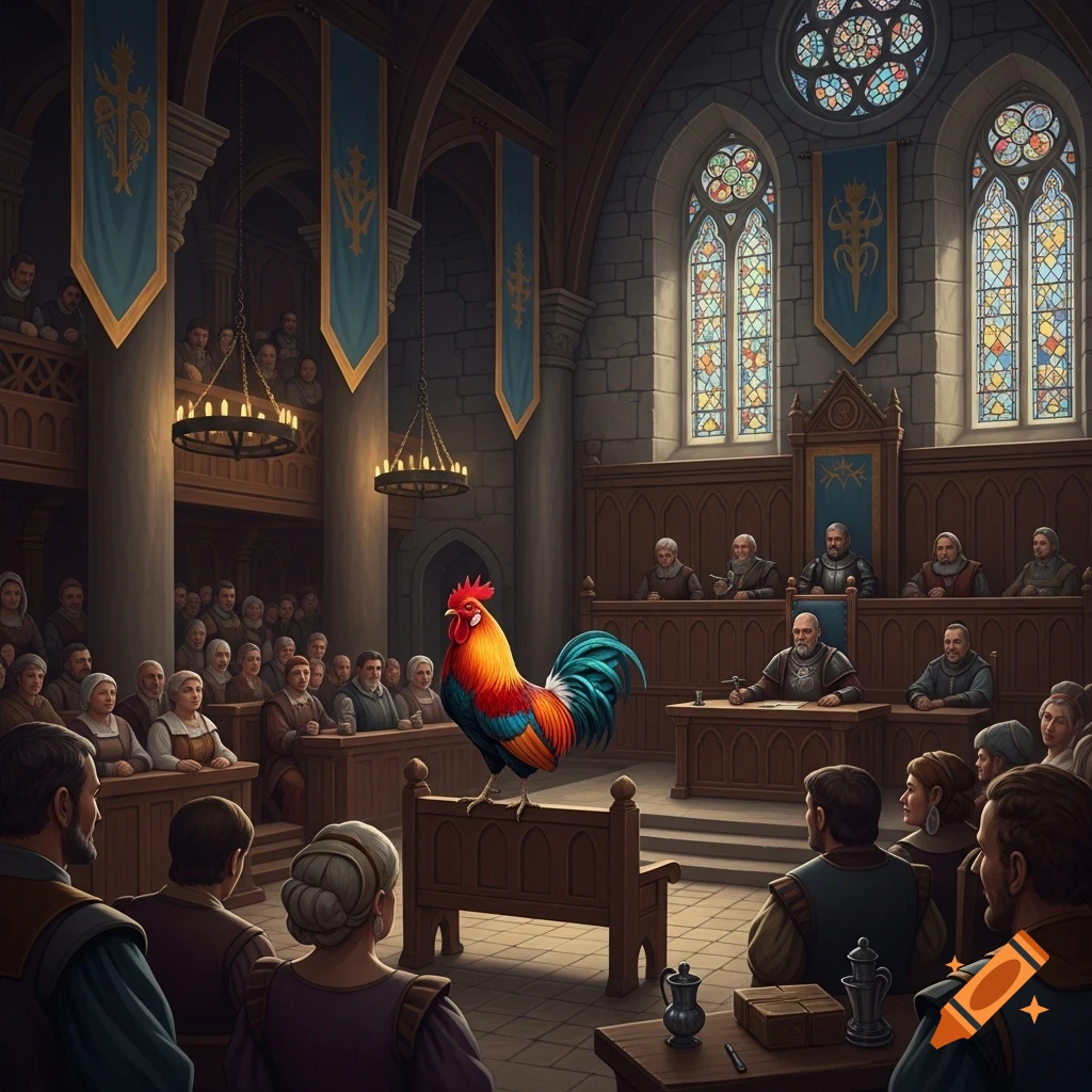 A colorful rooster stands on the defendant's stand in a crowded medieval courtroom, observed by a judge and jury.