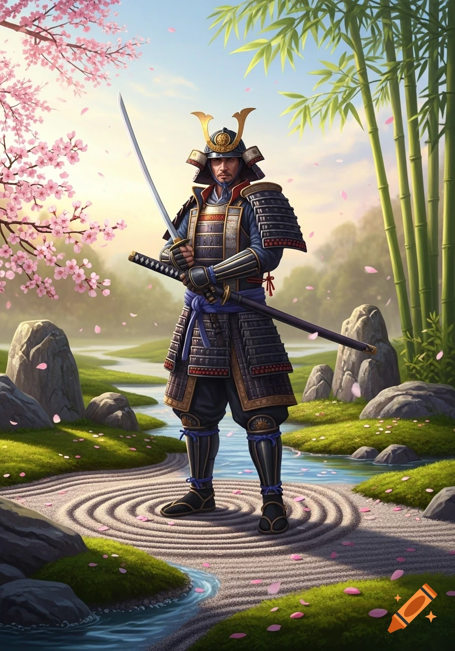 A samurai warrior stands in a peaceful Japanese garden with cherry blossoms, bamboo, and a raked sand garden, holding a katana.