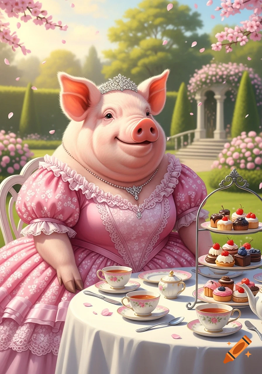 A smiling pink pig in a pink ballgown and tiara has an afternoon tea party in a beautiful garden with cherry blossoms.