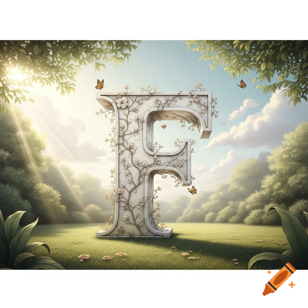 Large, ornate letter F covered in white flowers and vines, with butterflies, in a sunny green meadow.