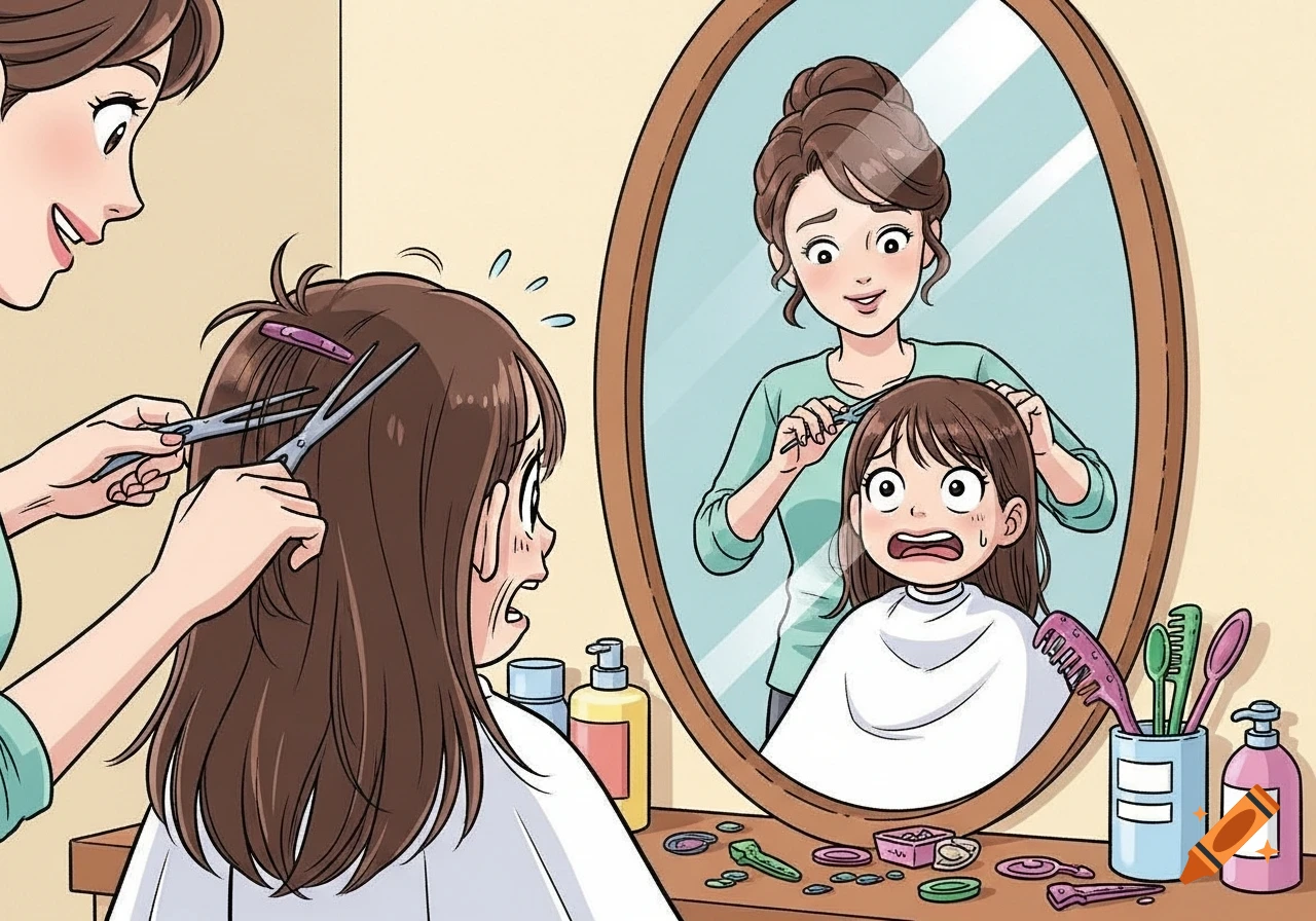 Comic drawing of a terrified girl getting a haircut, with the hairdresser visible in the mirror.