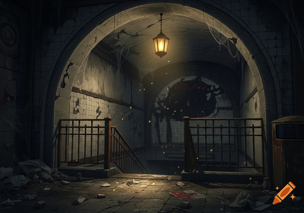 An abandoned, dark metro entrance with a single flickering lantern, cobwebs, and debris on the floor, creating an eerie atmosphere.