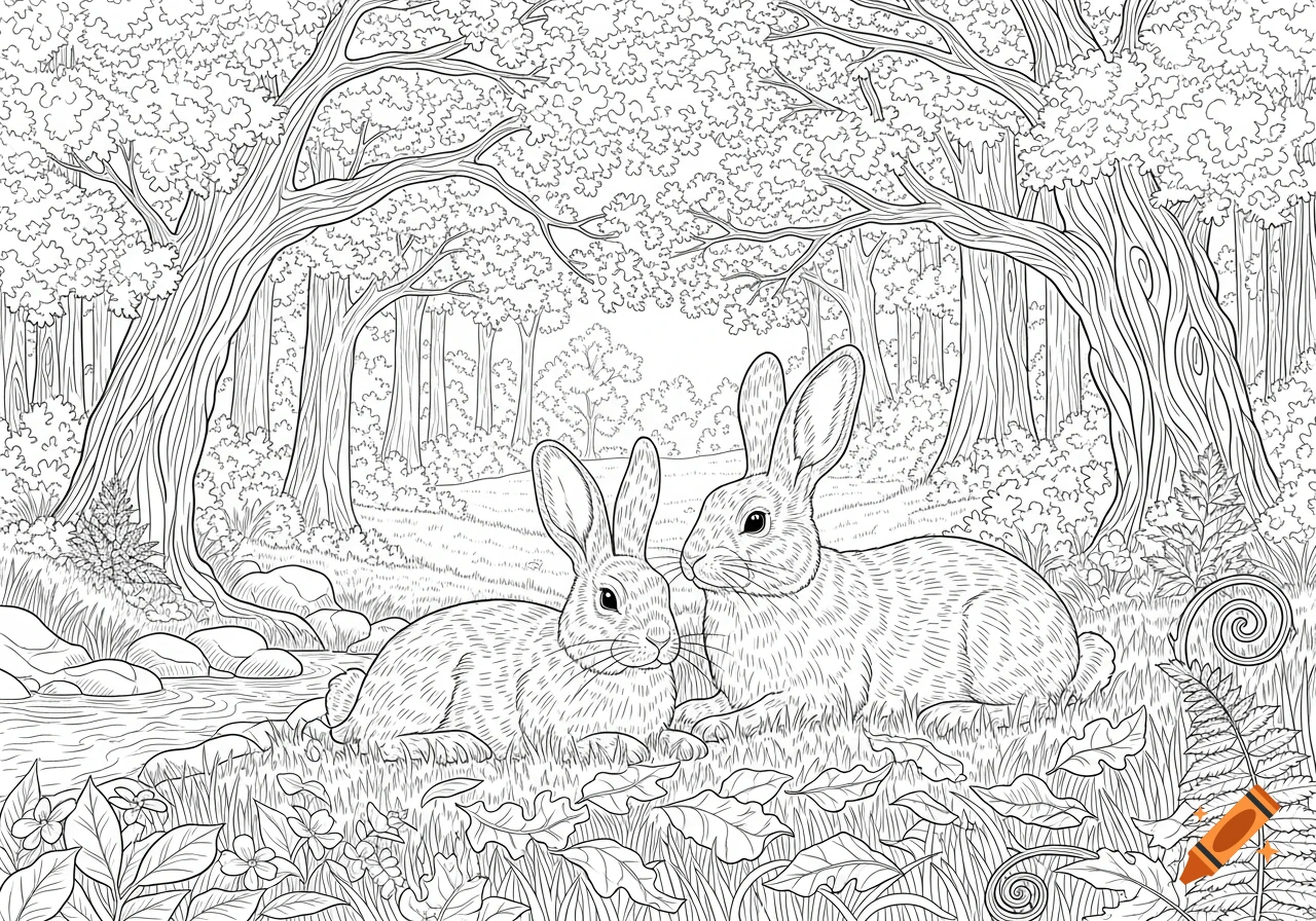 Two rabbits lay in a detailed line drawing of a forest with trees, a stream, and lush foliage.