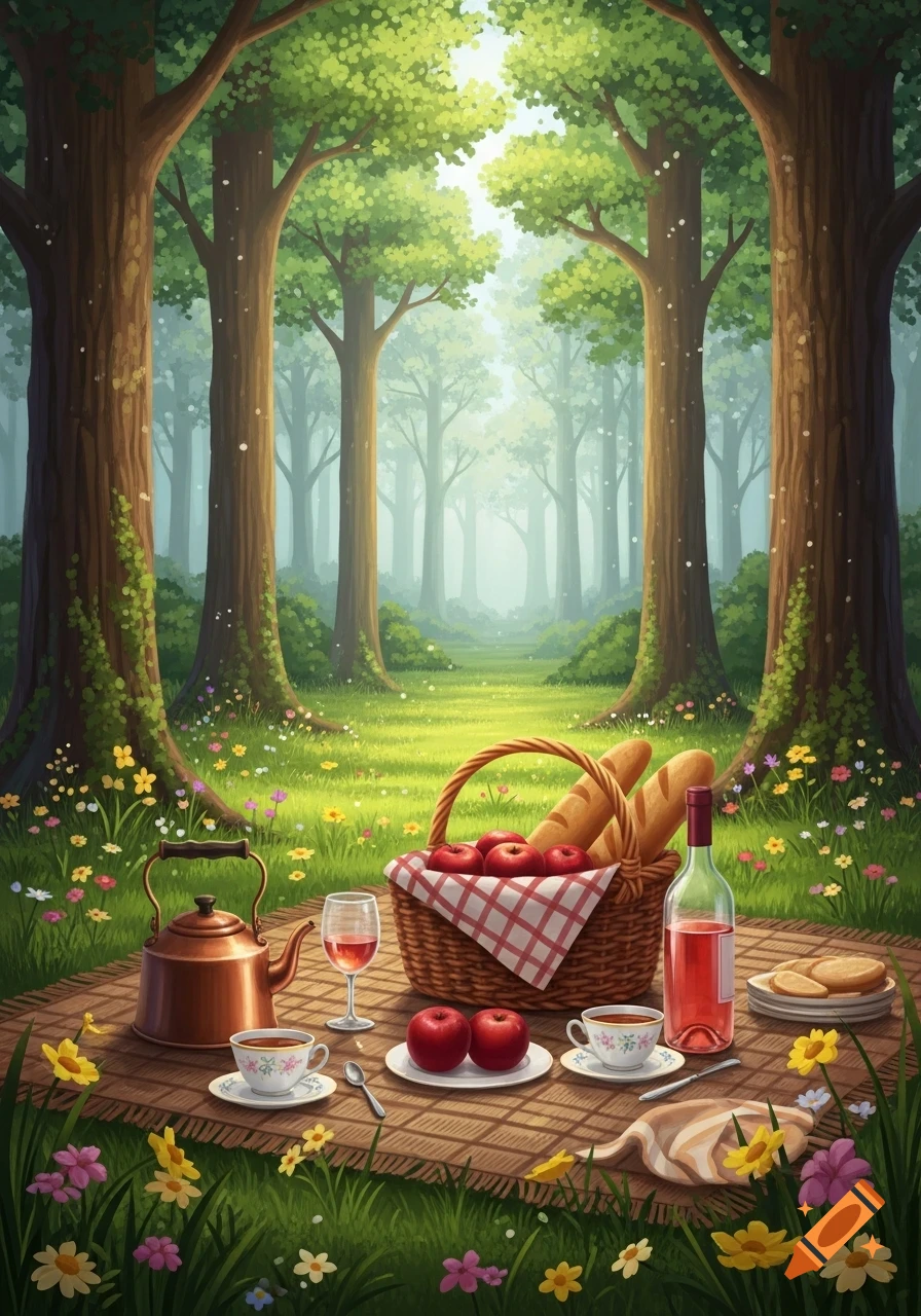 An illustrative drawing of a peaceful picnic spread on a checkered blanket in a sun-dappled forest clearing.