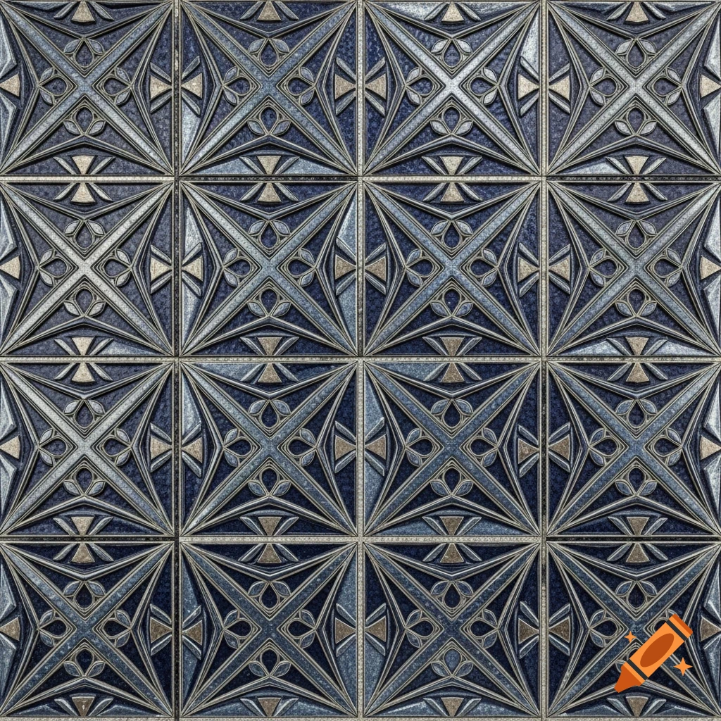 A close-up of blue and silver raised luster tiles forming an intricate geometric pattern.