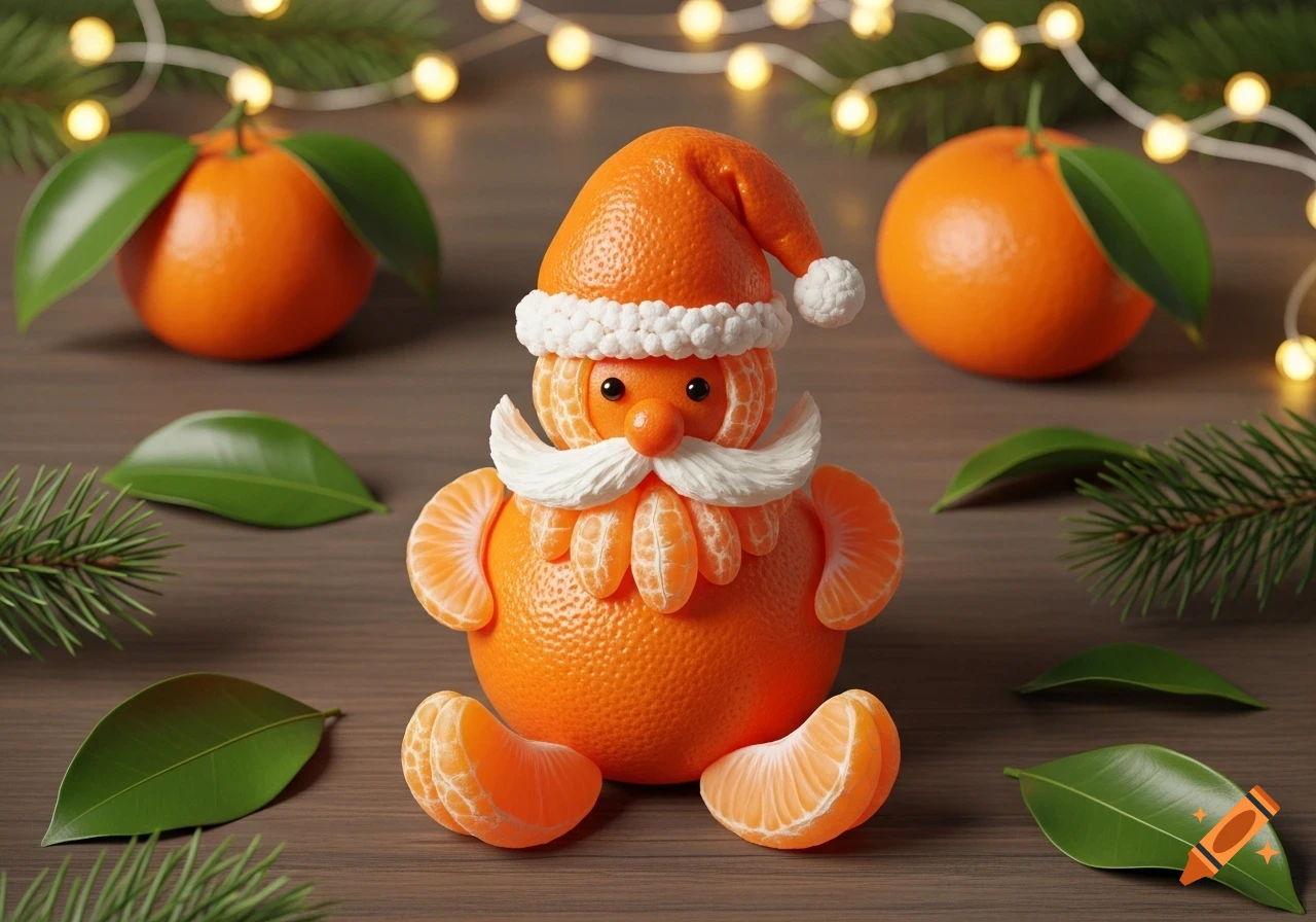 A Santa Claus figure made from oranges and tangerine segments sits on a wooden table with green leaves, pine needles, and blurred Christmas lights.