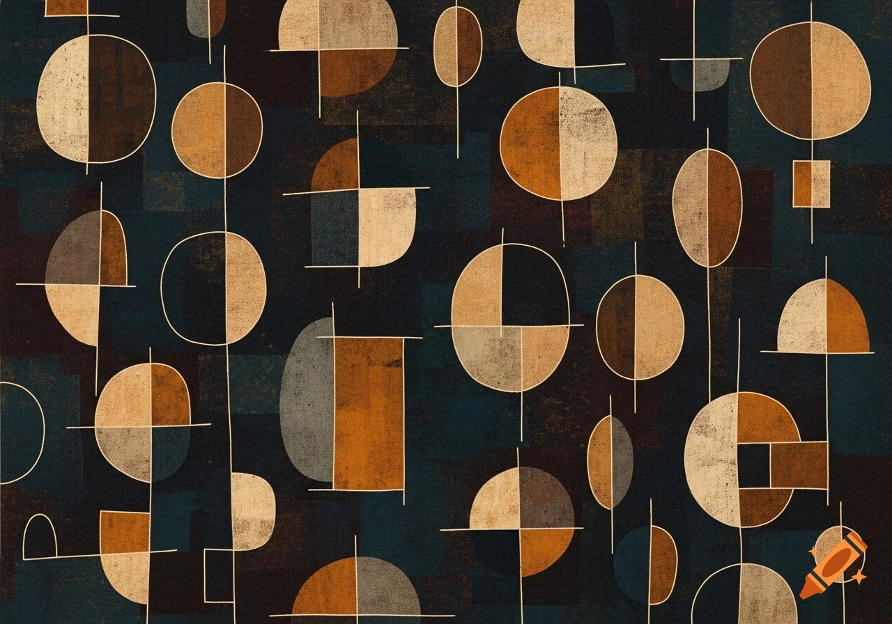 Abstract geometric pattern with circles, half-circles, and squares in brown, ochre, and beige on a dark blue textured background.