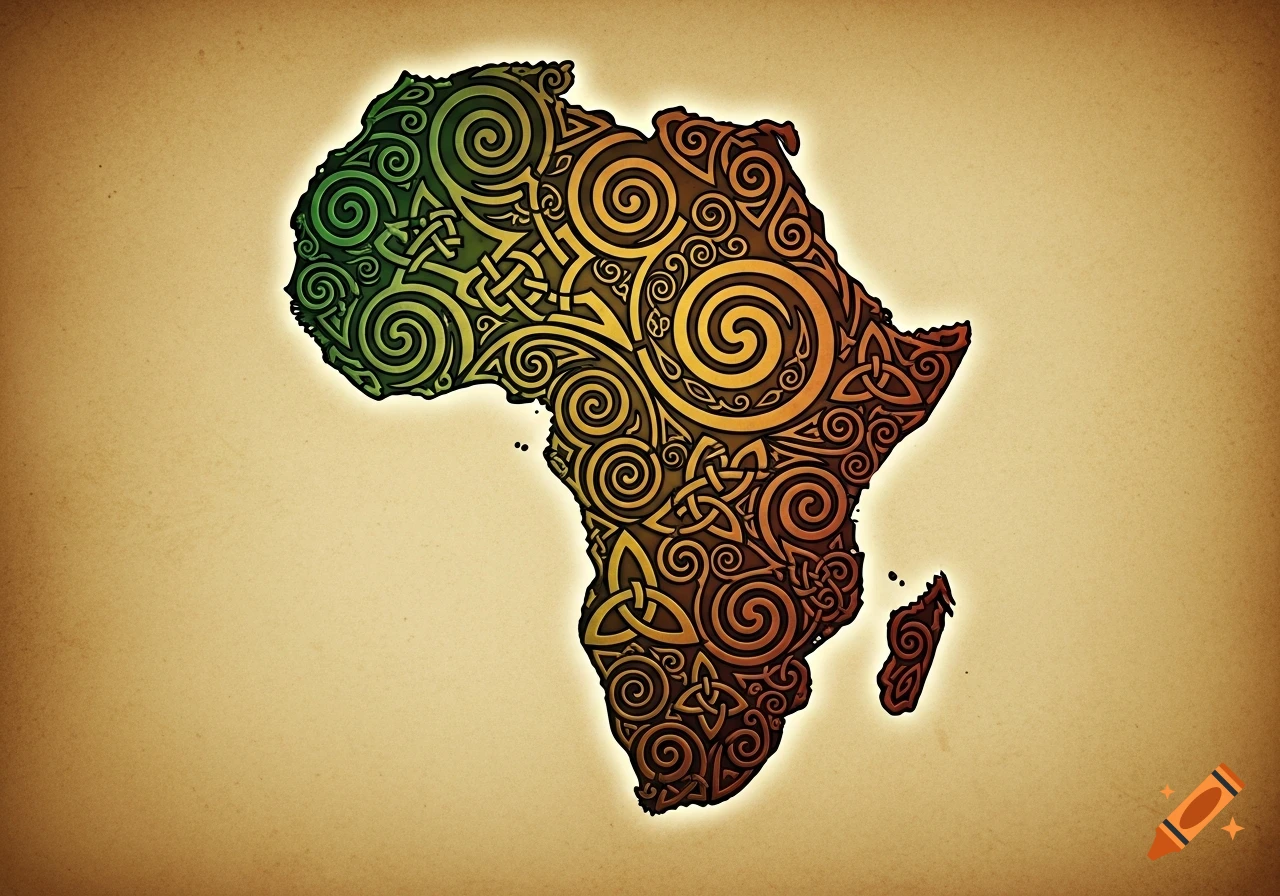 A map of Africa and Madagascar filled with intricate Celtic knotwork and spiral patterns, with a green, yellow, and red color gradient on an aged parchment background.