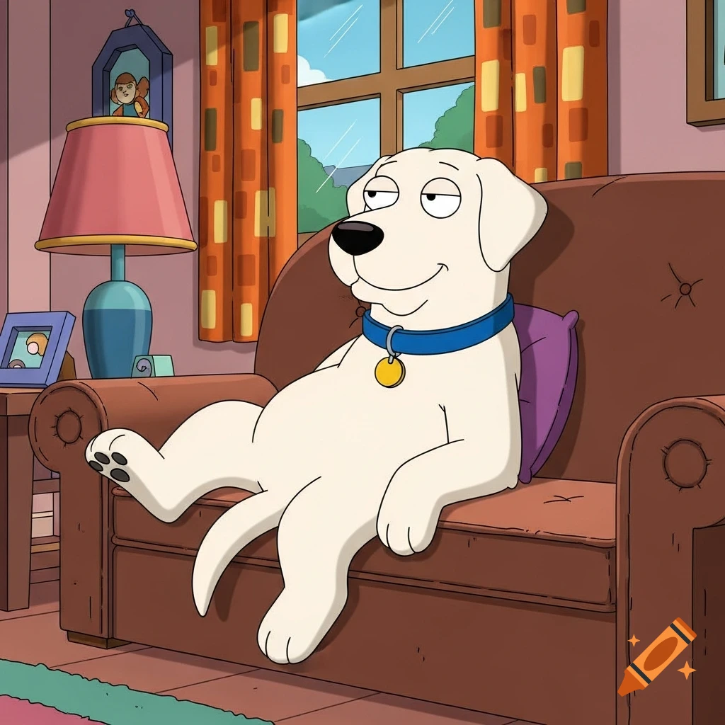 A white anthropomorphic labrador retriever in the Family Guy cartoon style relaxes on a brown sofa, wearing a blue collar with a yellow tag.