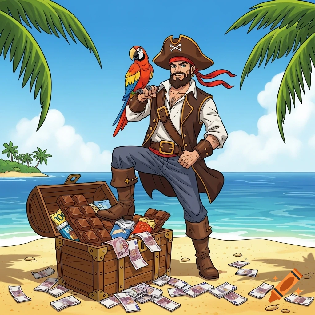 A cartoon pirate with a parrot on his shoulder stands on a tropical beach, one foot on a treasure chest overflowing with chocolate bars and euro bills. More euro bills are scattered on the sand.