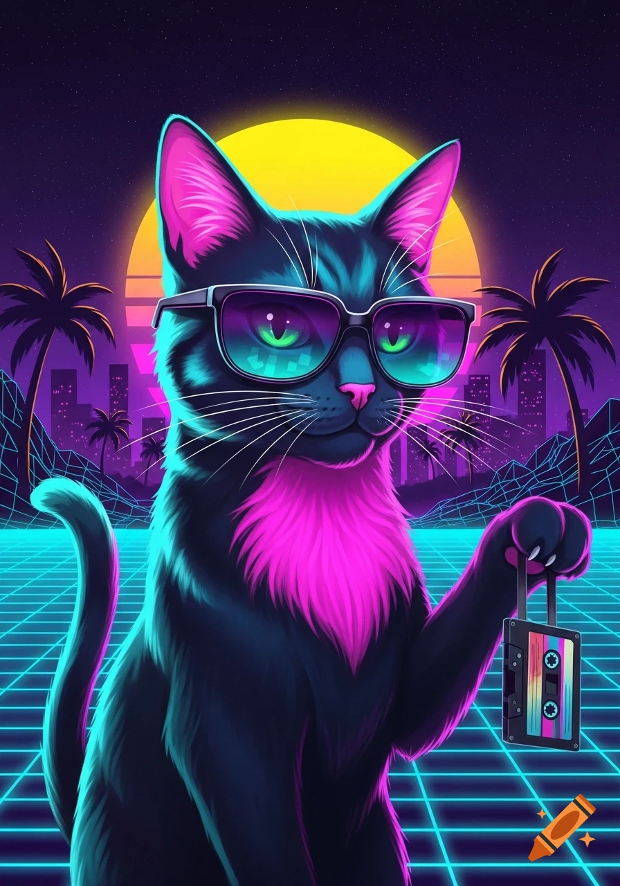 A black cat with vibrant pink fur and glowing green eyes wears sunglasses, holding a cassette tape in a neon synthwave cityscape with palm trees.