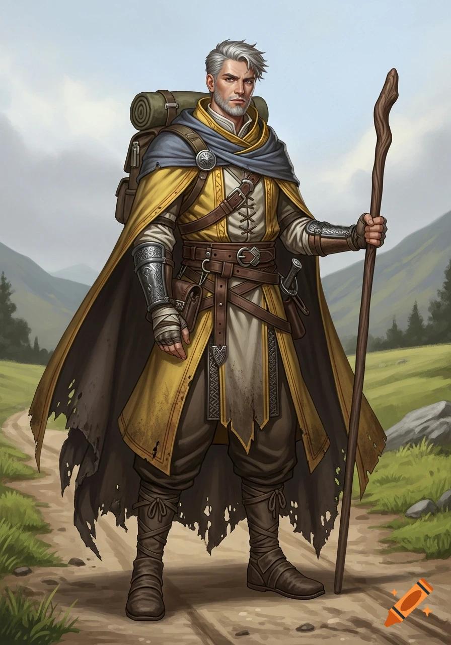 A male D&D adventurer with silver hair and a beard, wearing yellow and brown robes, a tattered cloak, and a backpack, holding a wooden staff on a dirt road.