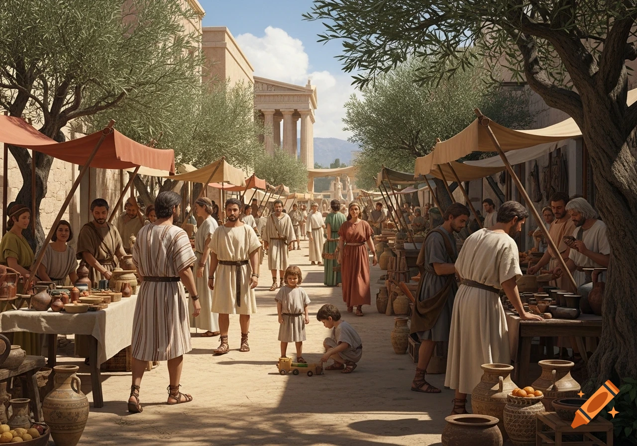 A bustling ancient market street with people in tunics selling pottery, fruit, and goods under canvas stalls, with classical buildings in the background.