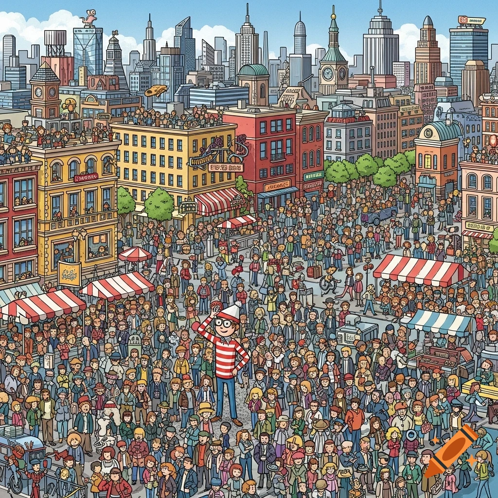 A busy "Where's Waldo" style illustration of a large city street filled with thousands of people, featuring Waldo in the center foreground, raising his hand, wearing his signature red and white striped shirt, hat, and glasses.