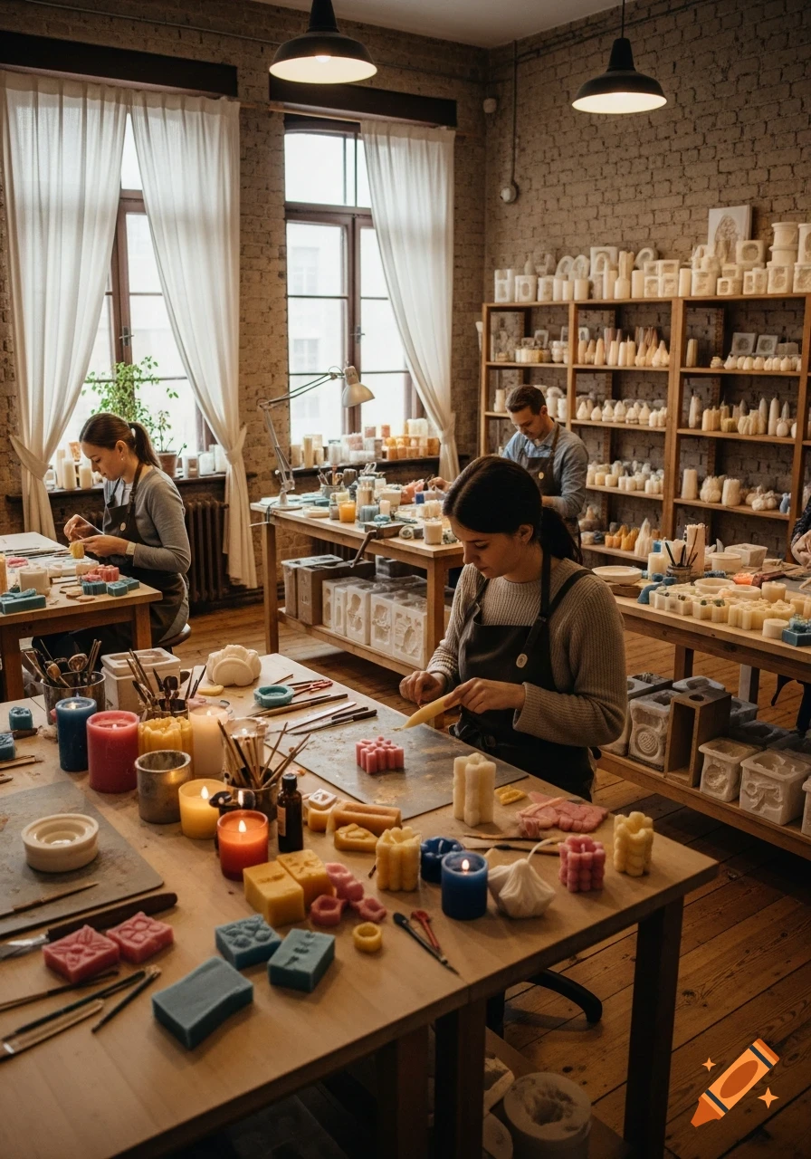 People in aprons make colorful candles at wooden tables in a rustic workshop with brick walls and shelves of finished products.
