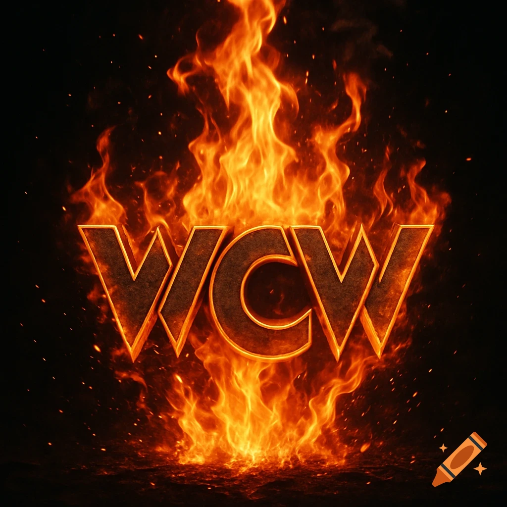 The letters "WCW" rendered in a fiery, metallic font, engulfed by intense orange flames and sparks on a dark background.