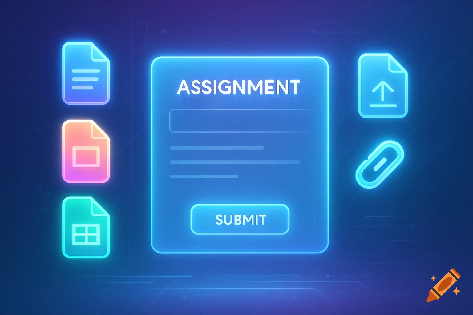 A glowing blue digital assignment window with a 'SUBMIT' button and file icons for documents, presentations, spreadsheets, upload, and link.