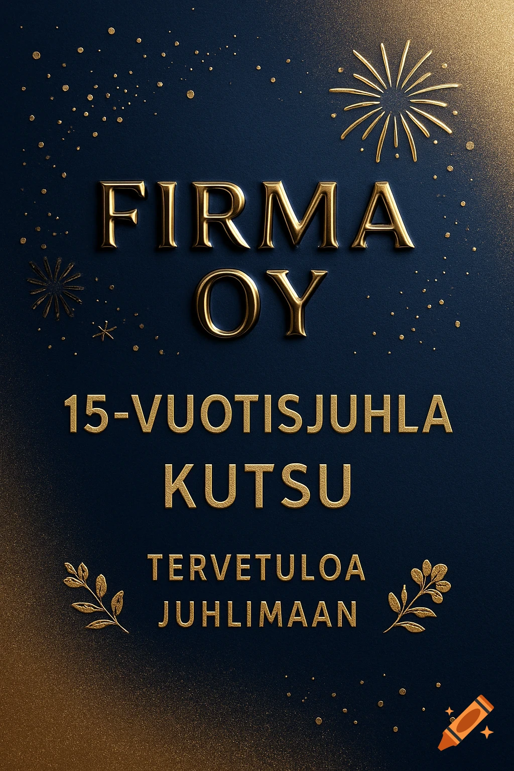 Golden text 'Firma Oy 15-vuotisjuhla Kutsu Tervetuloa Juhlimaan' on a dark blue background with golden speckles and stylized fireworks, designed as a party invitation.