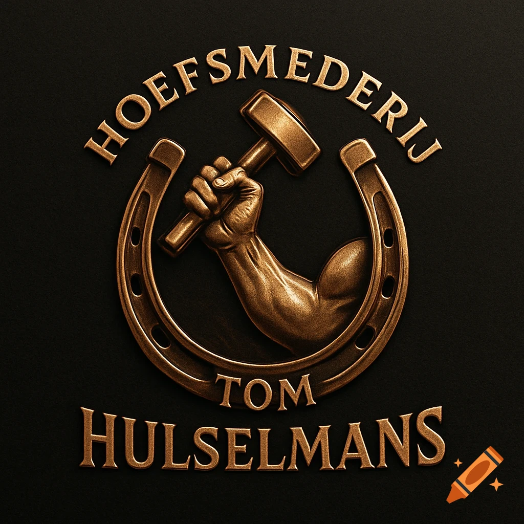 Bronze relief logo featuring a muscular arm holding a hammer within a horseshoe, with 'Hoefsmederij Tom Hulselmans' text.