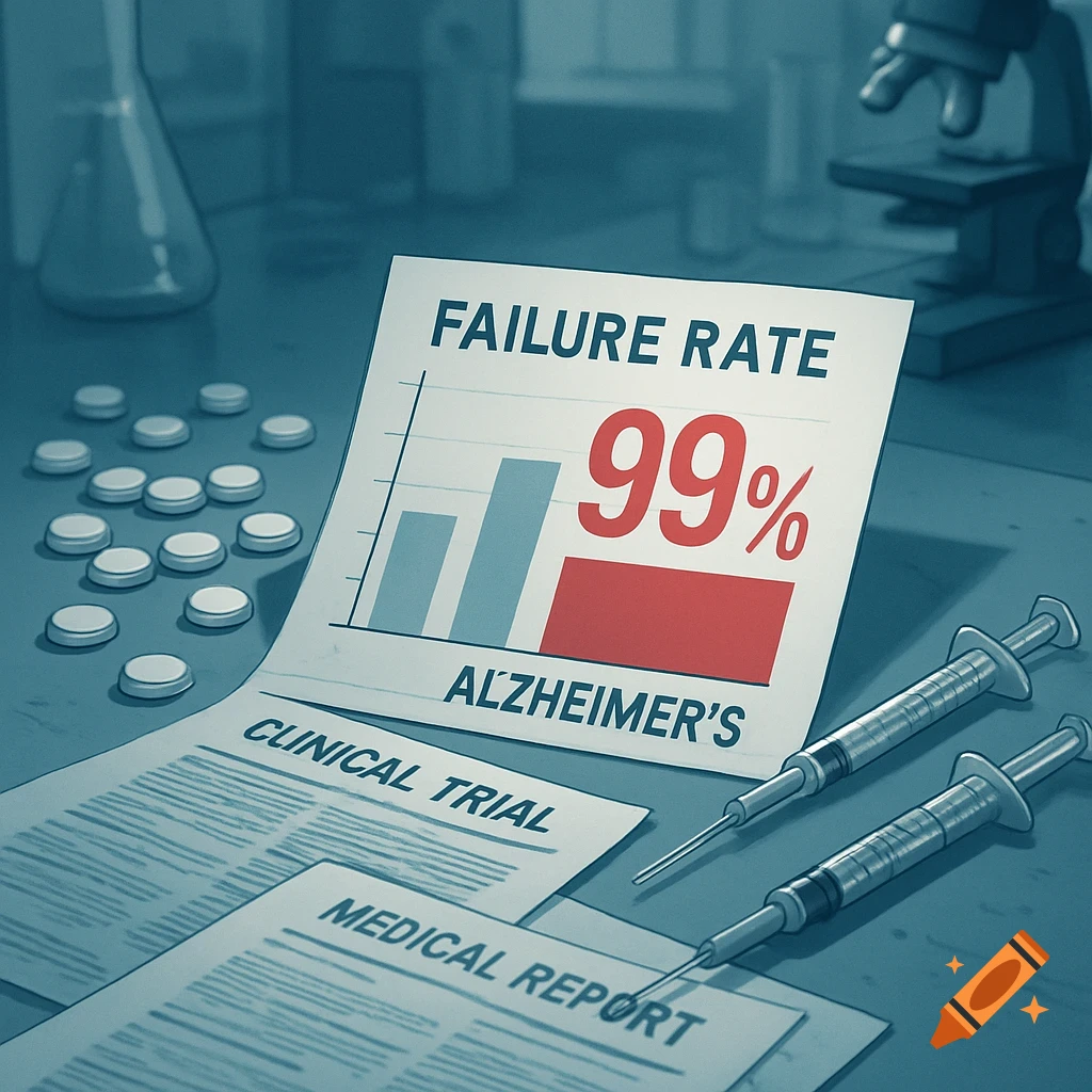 A blue-toned illustration of a lab desk with a chart showing '99% Failure Rate Alzheimer's', pills, syringes, and medical documents.